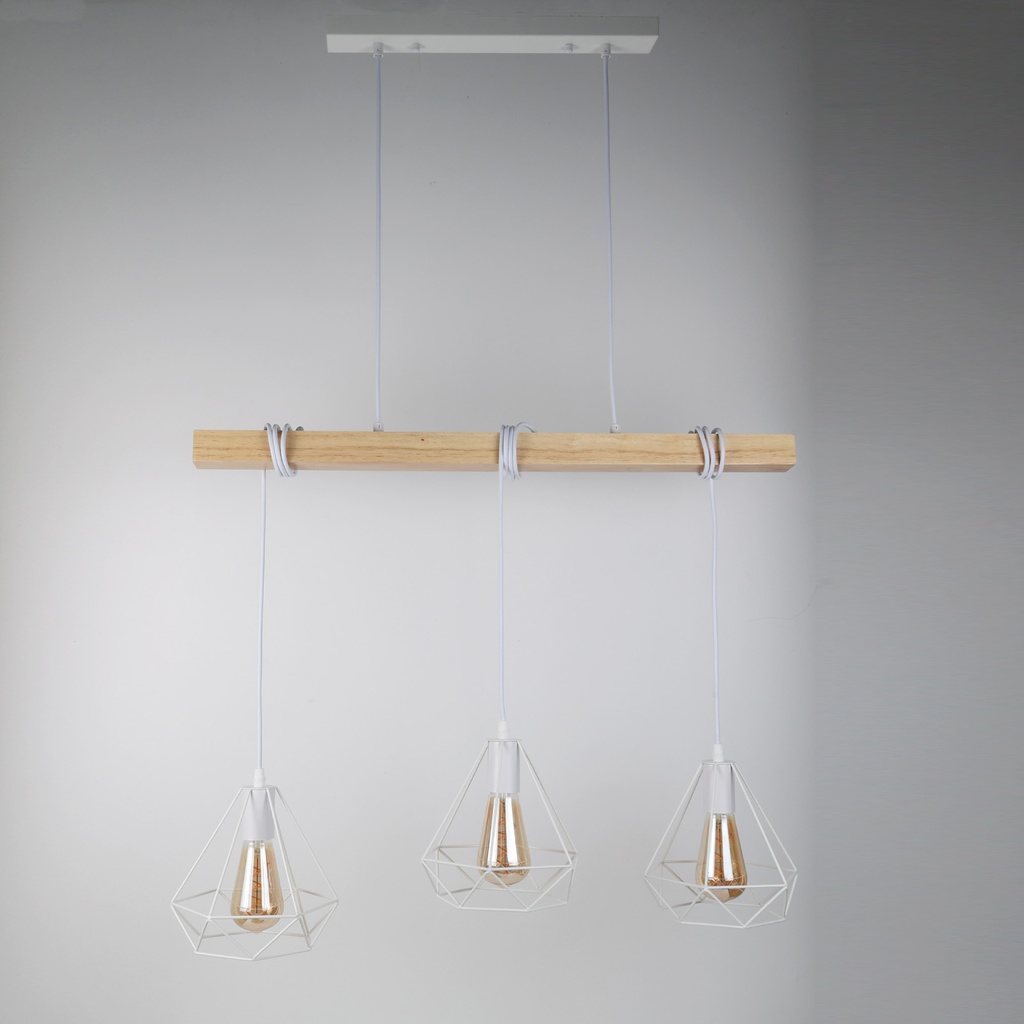 Lámpara Colgante "SANDY" con 3 luces – Madera y Metal con Pantallas de Jaula – Estilo Industrial Retro – Casquillo E27 – Cable Regulable – IP20 – Ideal para Salón, Dormitorio o Cocina
