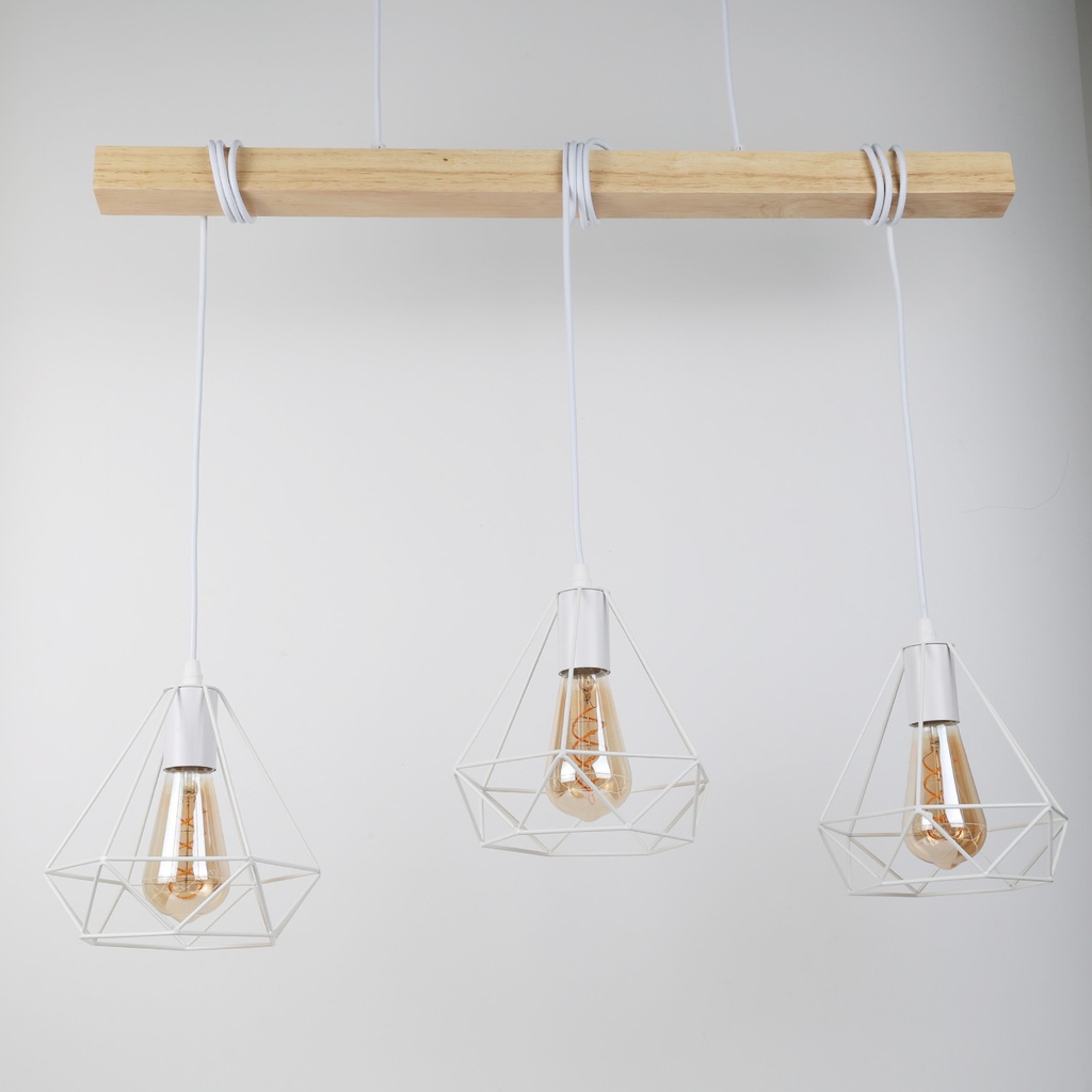 Lámpara Colgante "SANDY" con 3 luces – Madera y Metal con Pantallas de Jaula – Estilo Industrial Retro – Casquillo E27 – Cable Regulable – IP20 – Ideal para Salón, Dormitorio o Cocina