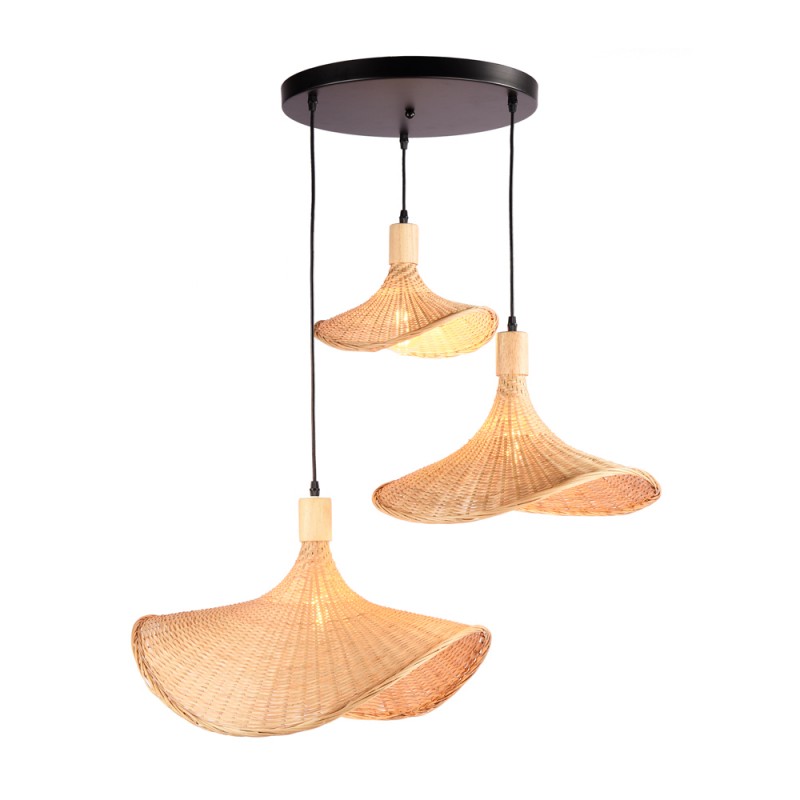 "TRI-BELLAS" Dreifach-Pendelleuchte aus Korbgeflecht, Bambus und Holz, 3xE27, Retro-Stil, ideal für Küche, Schlafzimmer oder Esszimmer
