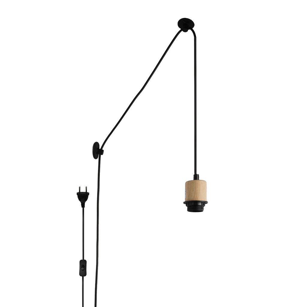 Casquillo E27 de Madera Natural con Cable de 380cm, Interruptor y Enchufe EU