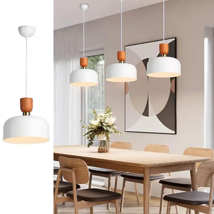 Suspension nordique moderne « BILBAO » – Abat-jour effet bois et métal 30 cm, hauteur réglable, douille E27