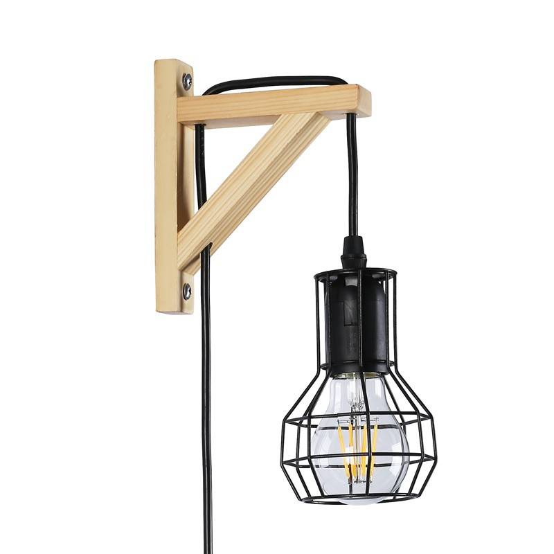 Lámpara de Pared de Madera con Interruptor de Enchufe Cob Jaula - Estilo Rústico Vintage