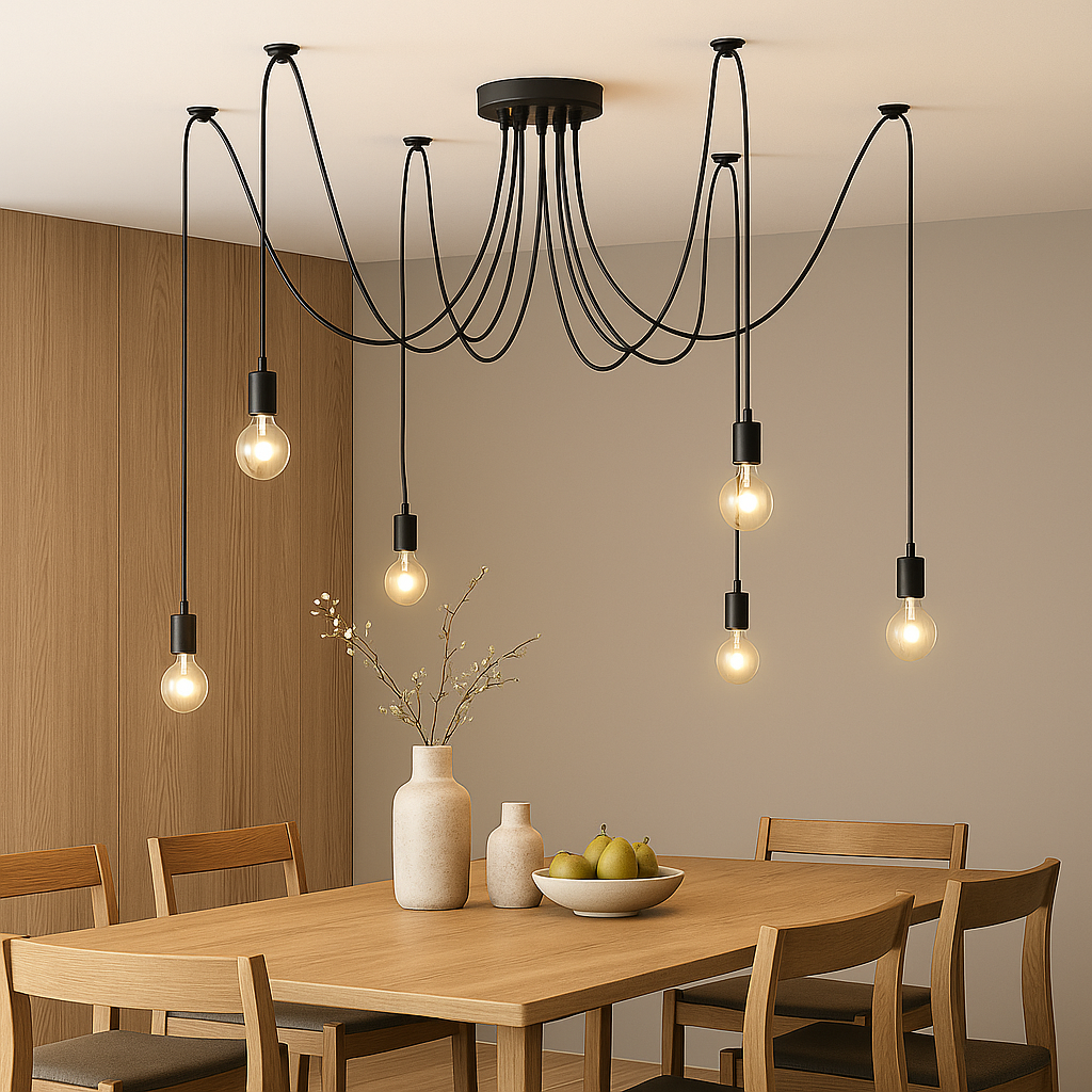 Lámpara Colgante de Estilo Industrial Retro 'FLORA' con Cable Expuesto, Ideal para Comedor, Restaurante, Bar y Cafetería, Compatible con 6 Bombillas E27 de Filamento (Bombillas No Incluidas)