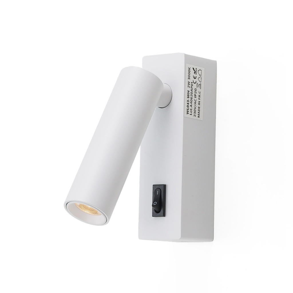 Lampada da lettura a LED 2W 3000K orientabile per montaggio superficiale sul comodino, realizzata in alluminio con interruttore a pulsante "PISA".