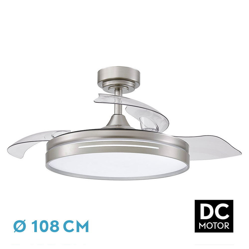 VENTILATORE DC 72W MICENAS NICKEL 3ASP.TRASPARENTE 108D 6 VELOCITÀ 7200LM 3 COLORI TELECOMANDO, MEMORIA E TIMER 24