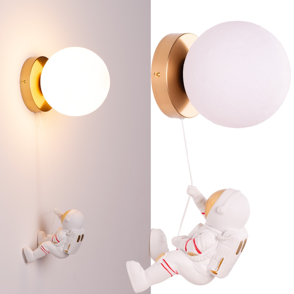 Aplique de Parede Infantil "LUA", Design de Lua e Astronauta, Luminária Moderna Impressa en 3D, Montagem em Latão, Ø150mm, G9