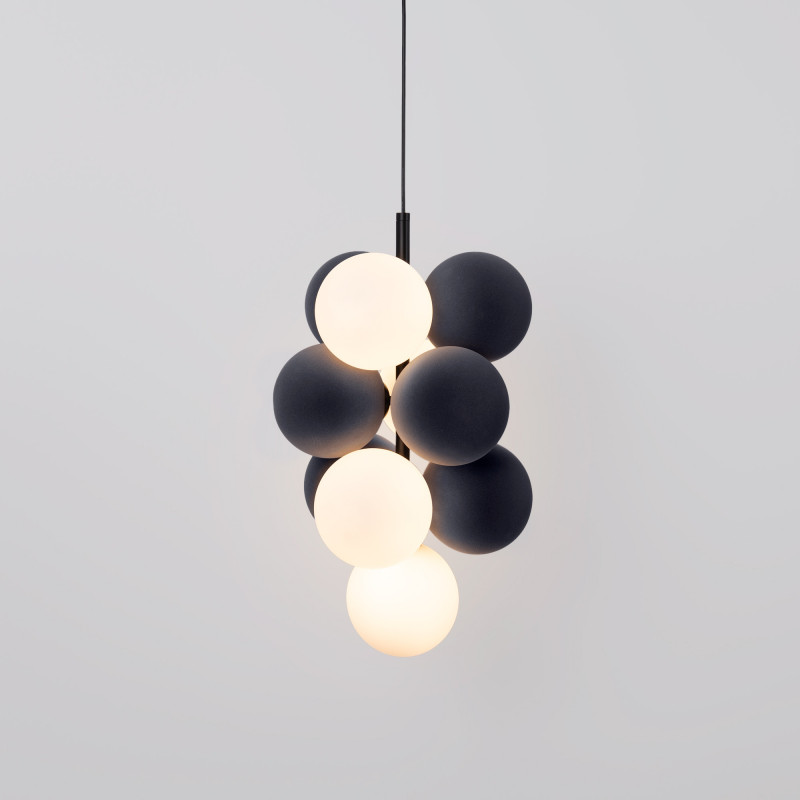 Lampada acustica verticale sospesa "RAIM" - 4 sfere luminose e 6 sfere assorbenti
