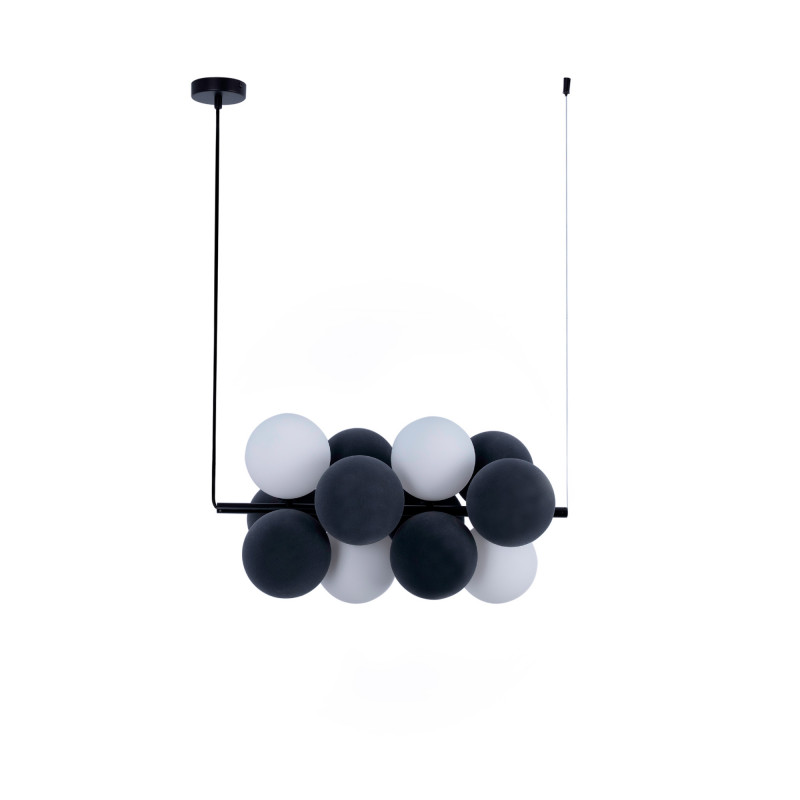 Lampada acustica a sospensione orizzontale "DRUVA" - 4 sfere luminose e 8 sfere assorbenti