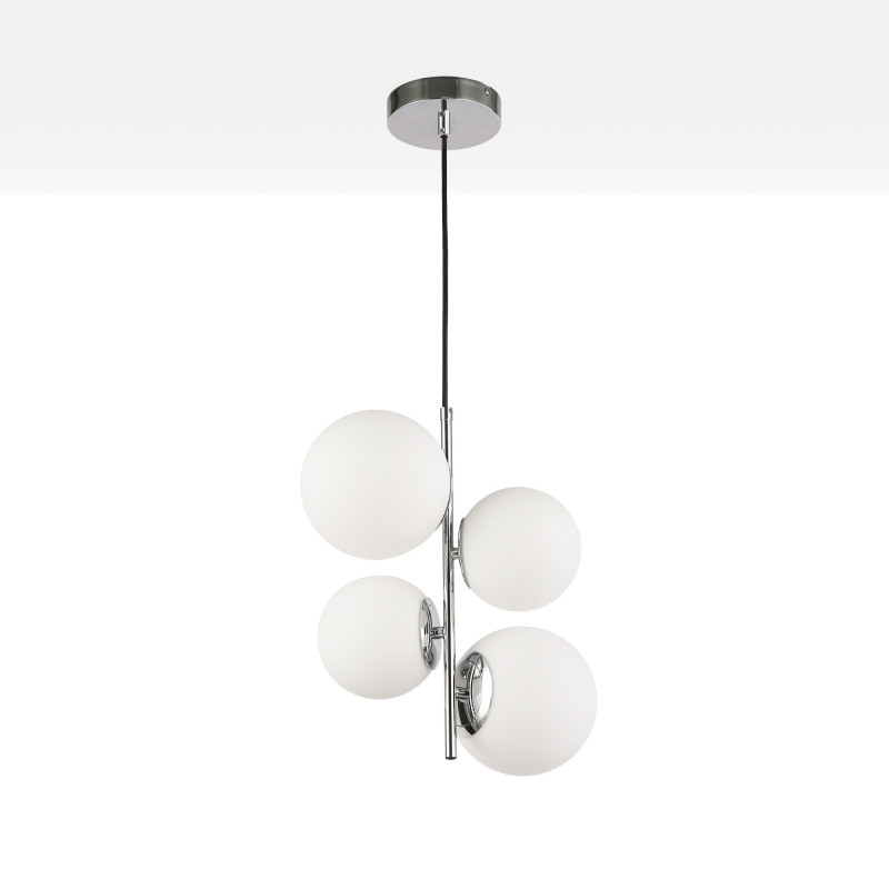 Luminária Pendente Linear com Globos, 4 Abajures de Vidro Branco, "Sparta" - 4*E27