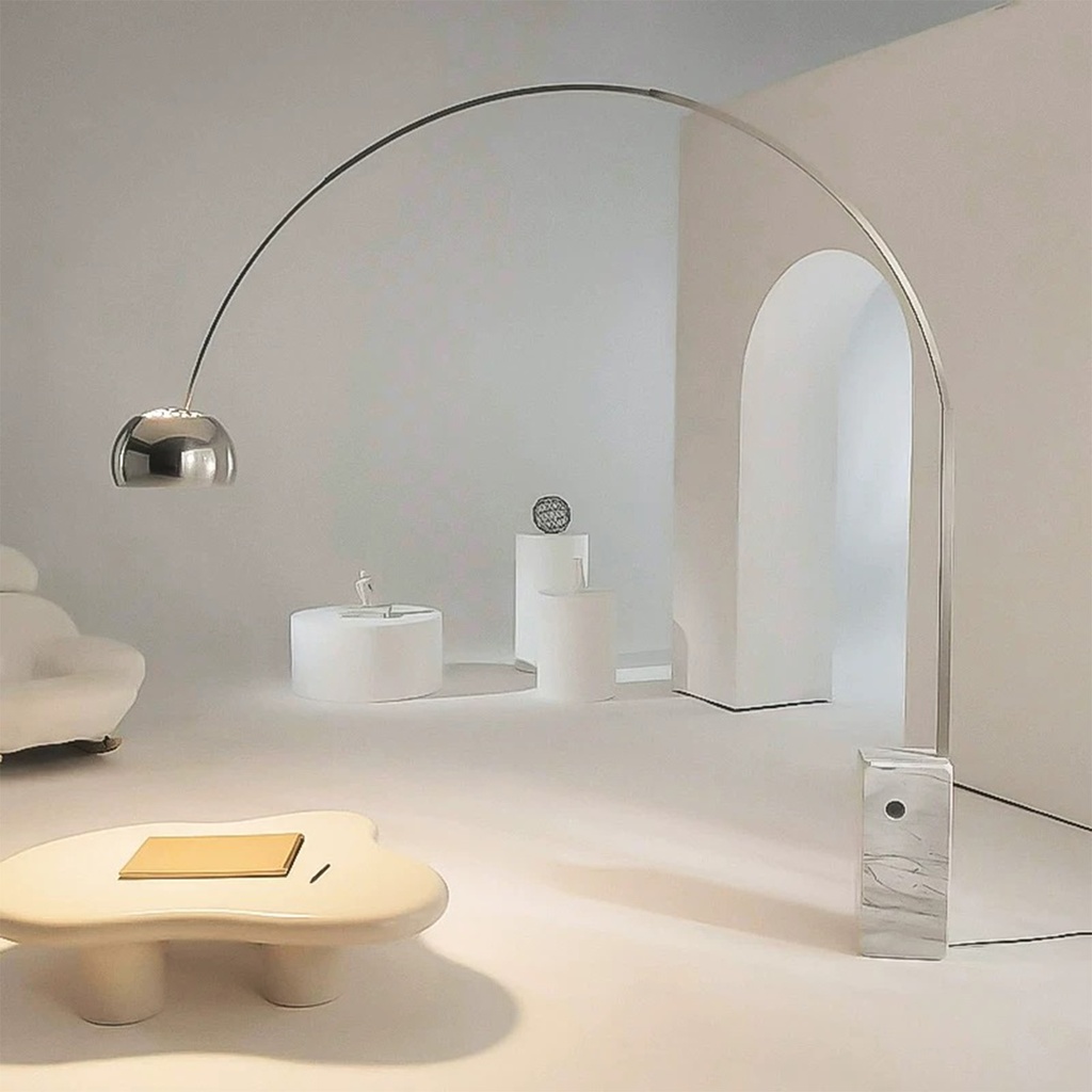 Lampadaire « ARABELLA » avec arche en acier inoxydable et base en marbre blanc – Hauteur 240 cm, largeur 220 cm, E27