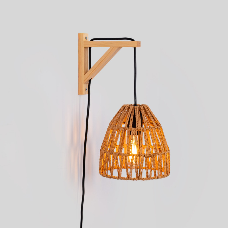 Applique in legno con paralume in corda intrecciata, spina E27 e interruttore "SEÚL"