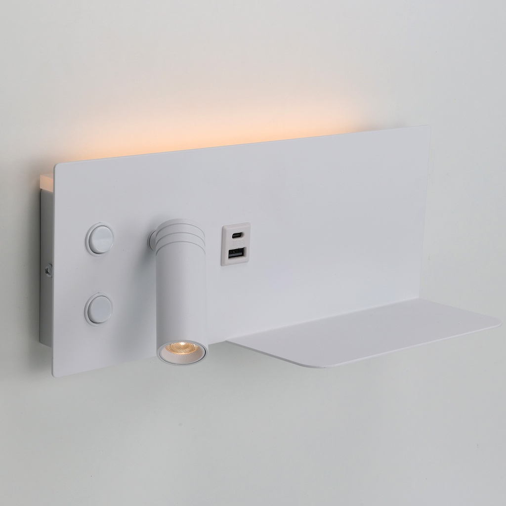 Aplique de pared para lectura con puerto USB - Iluminación ambiental 7W con foco lectura 3W 2700K "VIENA"(Derecho)