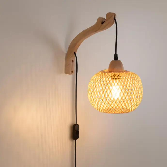 Wooden Wall Sconce, Round Wicker Shade with Cable, Switch and E27 "RAMA" Socket