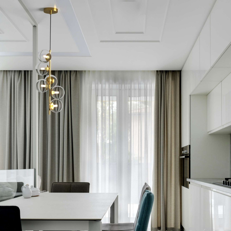 Linear Pendant Light with Globes, 6 Clear Glass Ball Shades, "Palma" Gold Finish - 6*G9