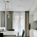 Lampada a sospensione lineare con globi, 6 paralumi a sfera in vetro trasparente, finitura oro "Palma" - 6*G9