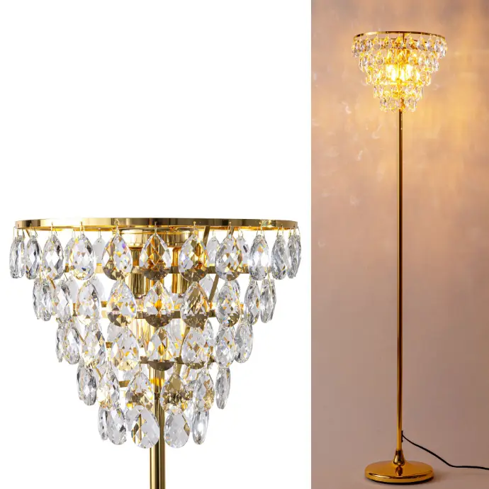 Lámpara de pie de cristal para sala de estar, base E14 de 3 luces, lámpara de pie moderna romántica elegante para dormitorio, oficina, lámpara de pie alta con acabado dorado de latón de 150 cm  "ADA"