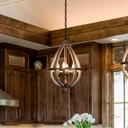 Farmhouse chandelier, orb wood light fixture, 4-light entryway lighting with hand-brushed rust metal finish, "Willow" brown