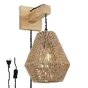 Aplique de pared "ROMEO" de madera con pantalla de cuerda de yute, cable trenzado negro con enchufe e interruptor, casquillo E27