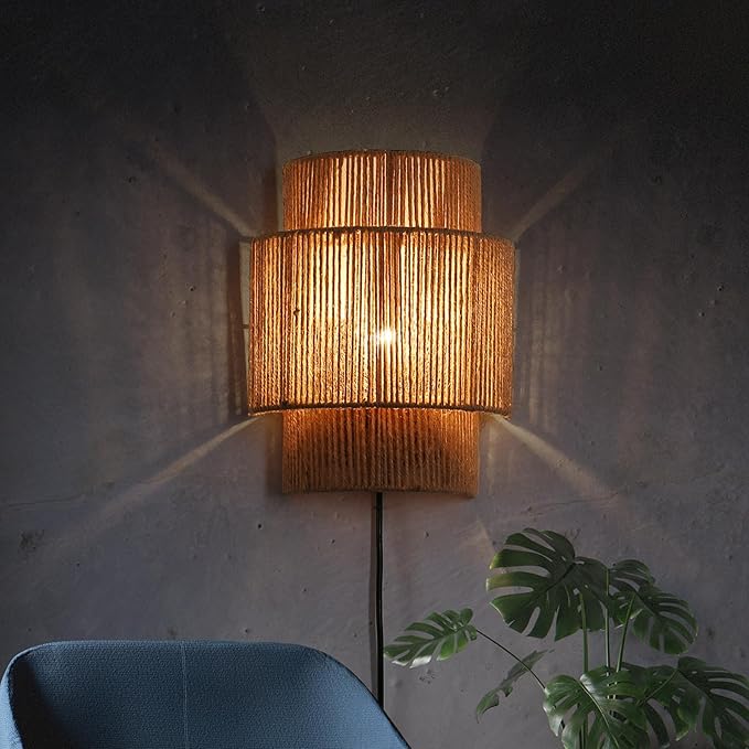 Applique murale moderne en corde de jute avec prise et interrupteur : luminaires tissés à la main pour chambre et salon, style bohème rustique « DALIA »-E27