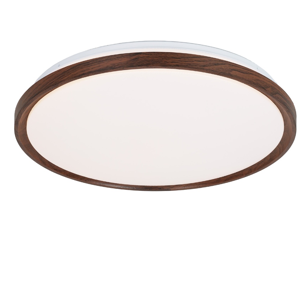 Plafón LED “Flor” Ø480×90 mm, 40W – CCT 3000/4000/6000K Color Seleccionable, Acrílico, Efecto Madera Oscura Nogal