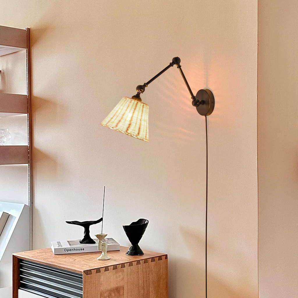 Swing Arm Wall Lamp with Rustic Rattan Shade E27 with Plug and Switch