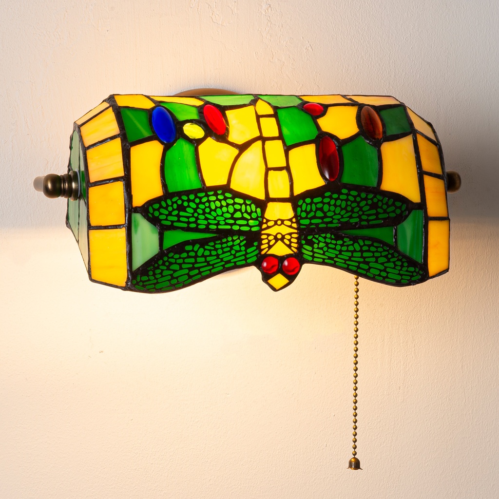 Lámpara de pared retro vidrio  estilo Tiffany libélula en cristal "libélula" y soporte de latón, E27, ideal para oficina, biblioteca o estudio. 