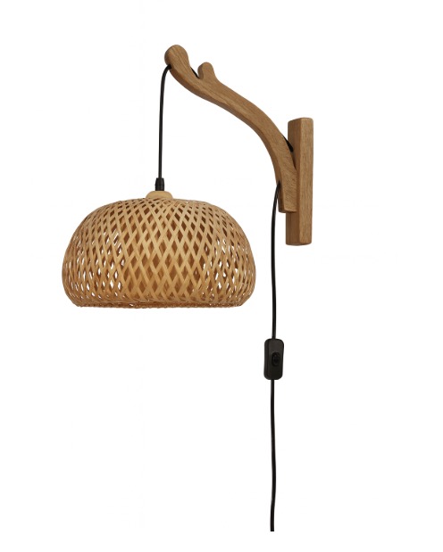 Aplique de Pared en Madera, Pantalla de Mimbre Redonda Doble Capa D250 con Cable , Interruptor y Enchufe "OSAKA" E27
