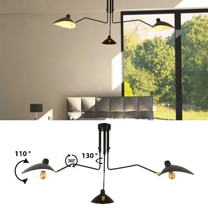 “Marcell” Black Ceiling Lamp – Chandelier Design with 3 Adjustable Arms – Serge Mouille Inspiration – E27 x3