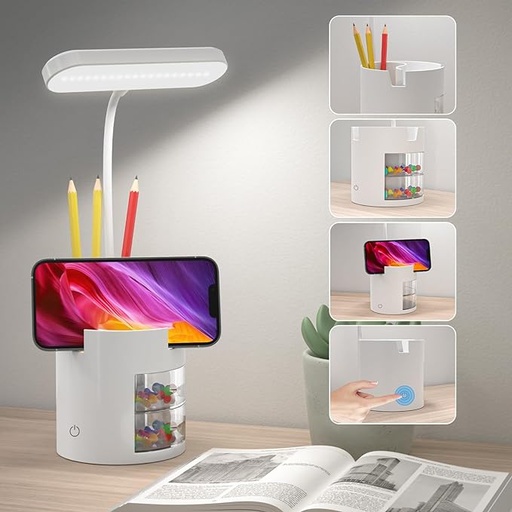 LED Desk Lamp with 3 Brightness Levels and Touch Panel, 4-in-1 Multifunction Eye-Caring Study Lamp, 360° USB Rechargeable
