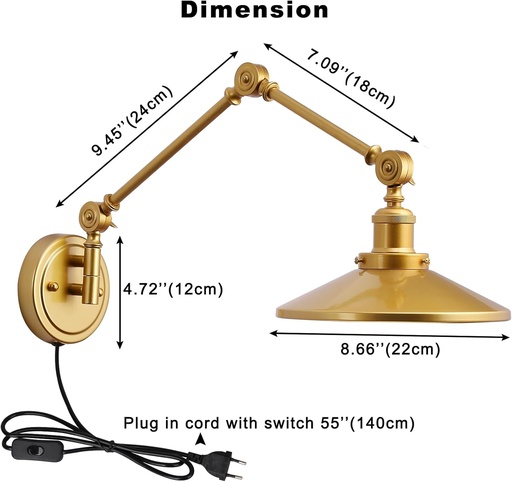 Aplique de pared dorado acabado de latón con brazo oscilante, con enchufe e interruptor, vintage, orientable, para dormitorio, sala o estudio "Astral"-E27 