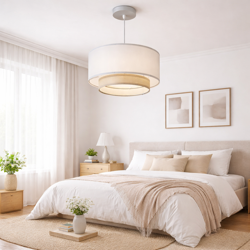 [C065-WH] Lámpara Colgante Techo con Pantalla Textil y Ratan Ø 40 cm "EMMA"-E27