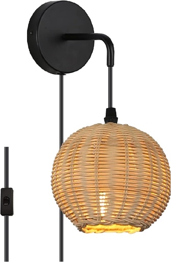 [WW01-EU] Bamboo Wicker Hanging Wall Lamp with Switch, Indoor for Kitchen Living Room Dining Room Restaurant E27
