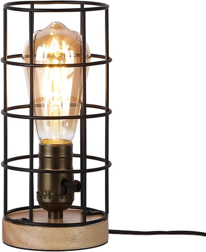 Vintage Small Cage Desk Lamp with Wooden Base for Bedroom, Living Room, Bedside Table E27