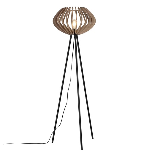 [F032] Luminária de chão com tripé de madeira "METTE", cúpula industrial, estilo boêmio moderno, com pedal, para sala de estar E27.