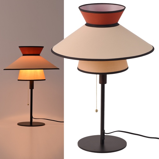 [T033-RD]  Lampe de table verticale au design rétro français aux tons chauds avec un abat-jour textile de 40 cm de diamètre, base noire, Citronnelle "LIMONA" E27, idéale pour le salon ou la chambre