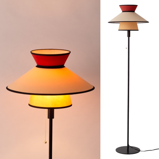 [F034-RD] Lámpara de Pie Multicolor Ø40 cm, Pantalla Textil y Madera, E27, Estilo Retro-Boho Citronela "LIMONA" con Cadena de Encendido