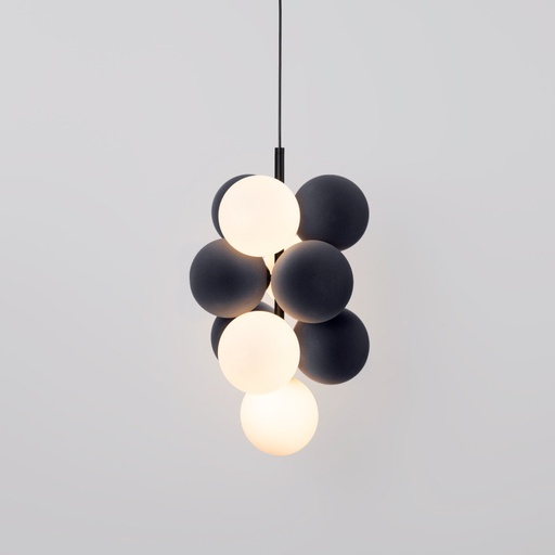Lampada acustica verticale sospesa "RAIM" - 4 sfere luminose e 6 sfere assorbenti