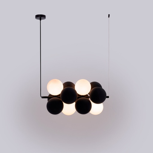 Lampada acustica a sospensione orizzontale "DRUVA" - 4 sfere luminose e 8 sfere assorbenti