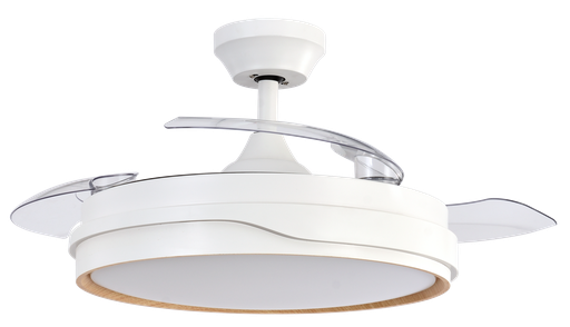 [V-012] VENTILATORE DC TEMPANO BIANCO/FAGGIO 72W 3 PALE 107D 7200LM 6 VELOCITÀ 3000K, 4500K, 6000K, TELECOMANDO+TIMER+MEMORIA