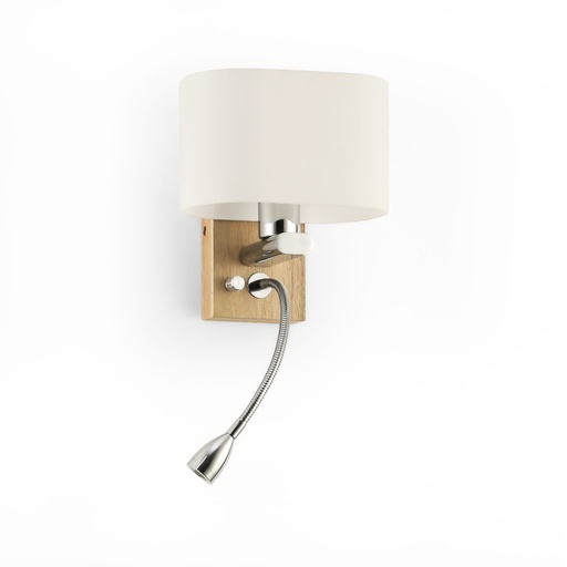 [WL018-B-CR] Lampada da parete con base in legno, paralume in vetro E27 e luce di lettura a LED - 3W "Aitana"