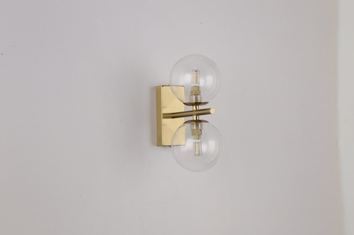 Modern Gold/Brass Wall Sconce with Two Clear Glass Balls for Hallway or Bedroom, Compatible with 2 G9 Bulbs "PRAGUE"