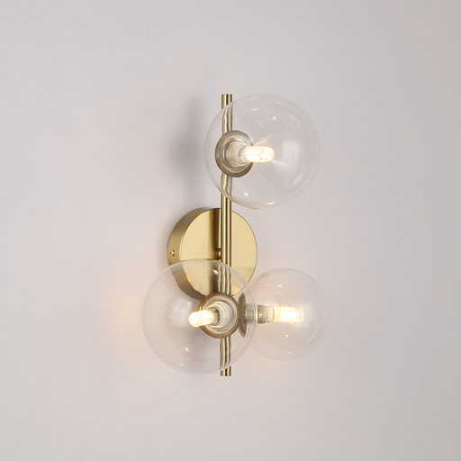 Aplique de Pared Moderno en Dorado/Latón con Tres Esferas de Cristal Transparente para Pasillo o Dormitorio, Compatible con 3 Bombillas G9 "LIMA"