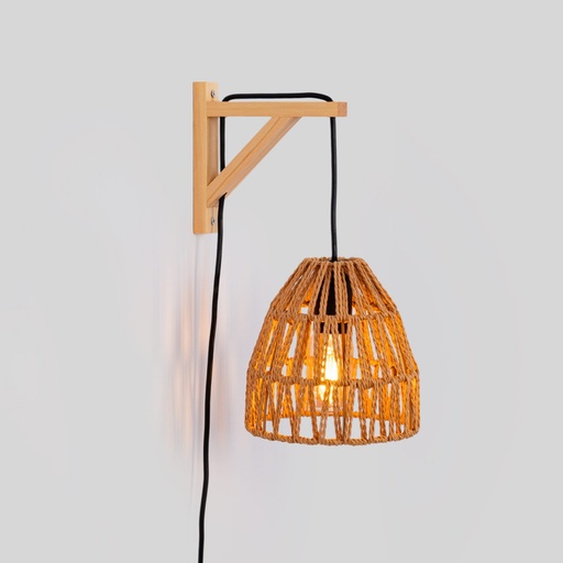 [W41-CD] Applique in legno con paralume in corda intrecciata, spina E27 e interruttore "SEÚL"