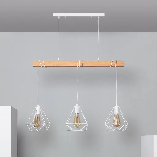 Lámpara Colgante "SANDY" con 3 luces – Madera y Metal con Pantallas de Jaula – Estilo Industrial Retro – Casquillo E27 – Cable Regulable – IP20 – Ideal para Salón, Dormitorio o Cocina