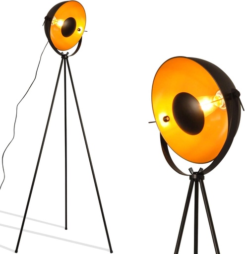[F036-BK] Lámpara de Pie Vintage con Trípode "Bremen" – Estilo Industrial Nórdico con Pantalla Metálica Dorada y Negra para Salón, Dormitorio, Cocina y Comedor