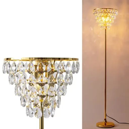 [F038-GD] Luminária de chão de cristal para sala de estar, base E14 com 3 lâmpadas, luminária de chão moderna e romântica para quarto e escritório, luminária de pé com 150 cm de altura e acabamento em latão dourado "ADA"