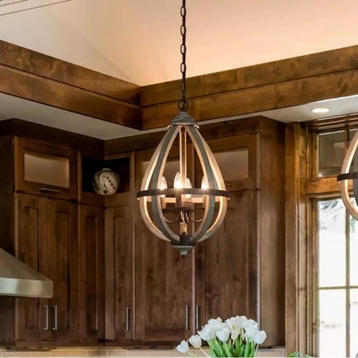 [C035-WD] Farmhouse chandelier, orb wood light fixture, 4-light entryway lighting with hand-brushed rust metal finish, "Willow" brown