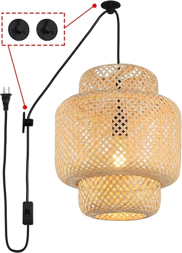 [C037-EU-BK-D45]  Lampada a sospensione "TARTA" fatta a mano, Ø45cm, in vimini, con spina, interruttore, supporto in legno e altezza regolabile.