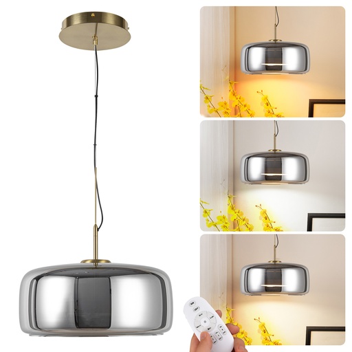 Alpinaluz Lámpara Colgante LED de Cristal “Illus” – Ø38 cm, 25W Regulable con Mando – Luz Cálida/Neutra/Fría (2700K-6500K) – Diseño Moderno Minimalista con Anillo Metálico
