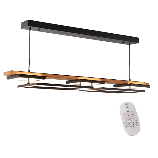 [CL029-BK] Lámpara colgante lineal rectangular de madera con LED 60W, de 2 niveles y 5 luces,  ideal para isla o barra, luz seleccionable regulable con mando